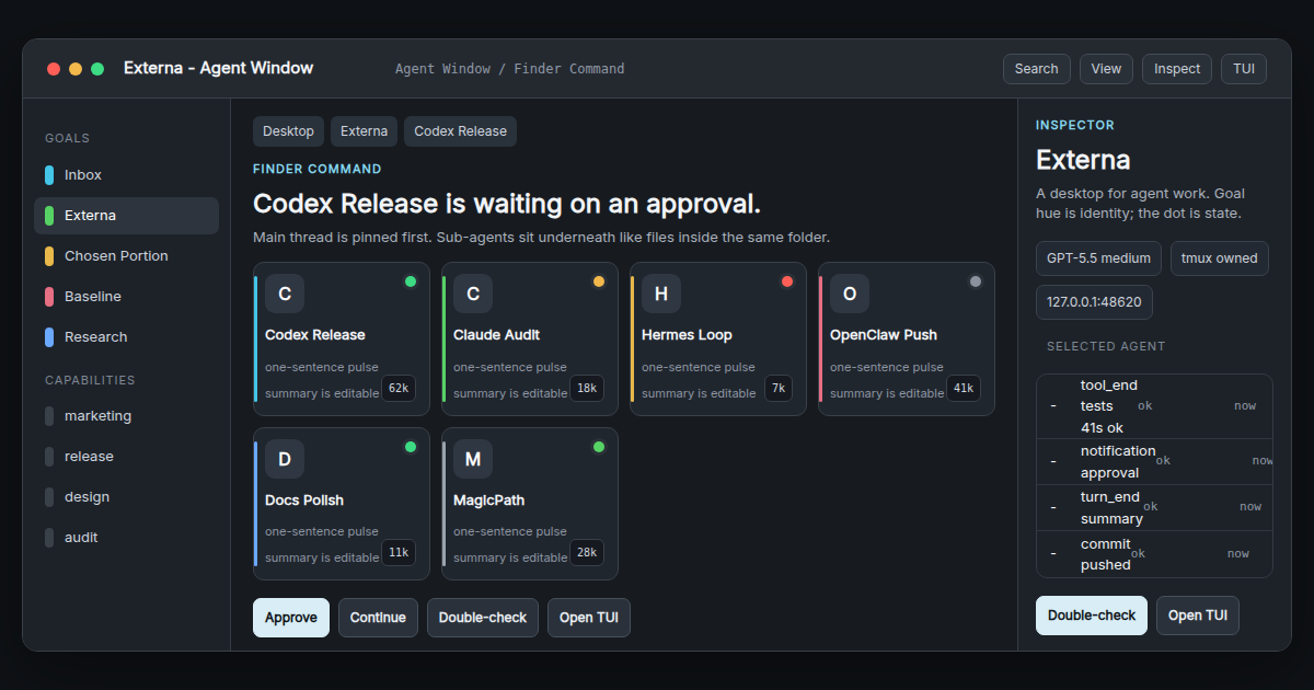 Agent window showing active run, sub-agents, model usage, and summary inspector.