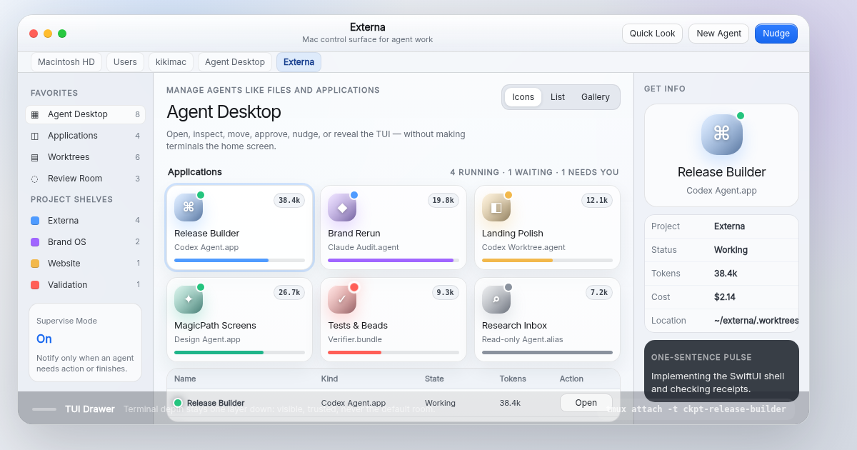 Externa native Mac control surface showing agent tiles, project sidebars, token meters, inspector details, and a terminal drawer.