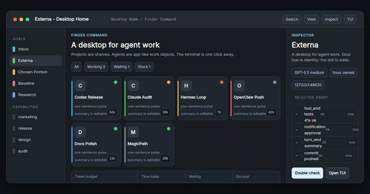Externa desktop showing project shelves, agent icons, and usage telemetry in a Mac-native window.