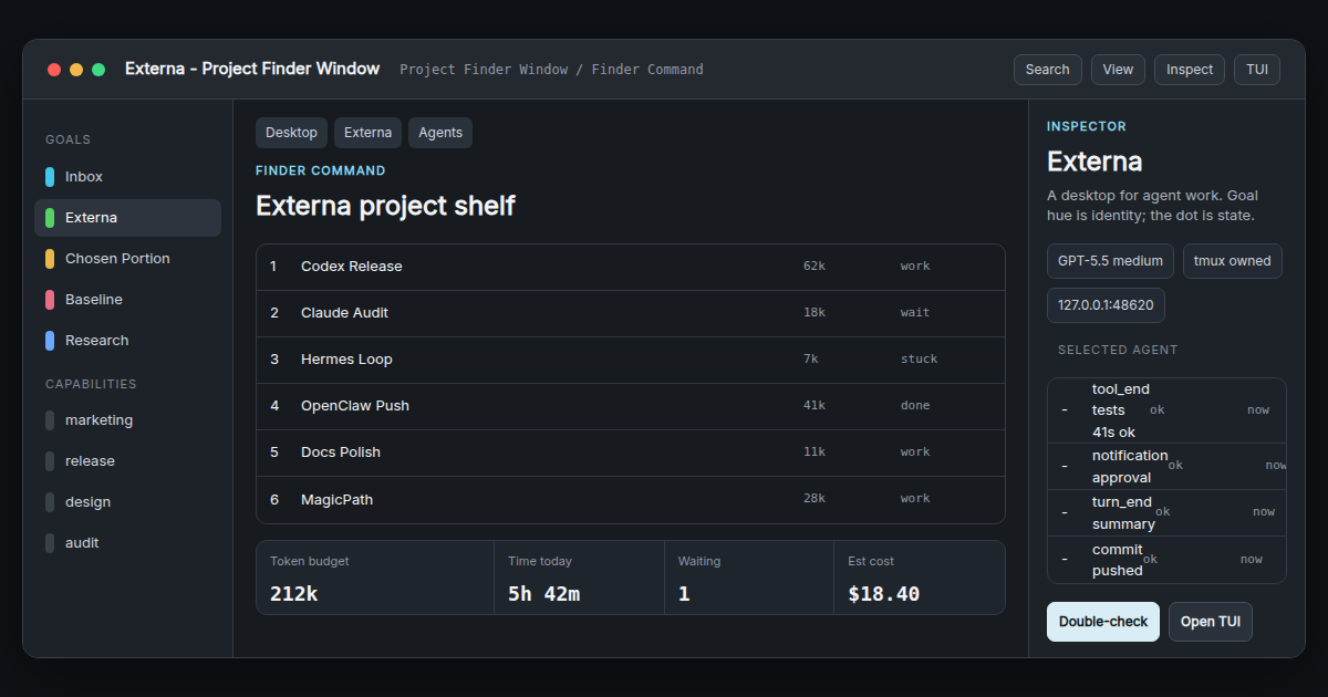 Finder-style Externa project window with sidebar, files, agents, and inspector details.