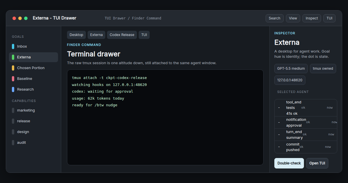 Externa TUI drawer revealing the raw terminal below a visual agent summary.